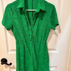 Green Textured Button-Up Romper